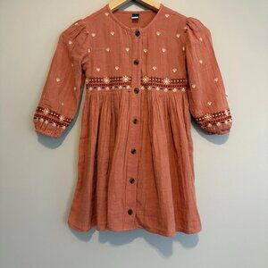 Old Navy Girls Pink Muslin Embroidered Boho Button Down Dress Long Sleeve 5T